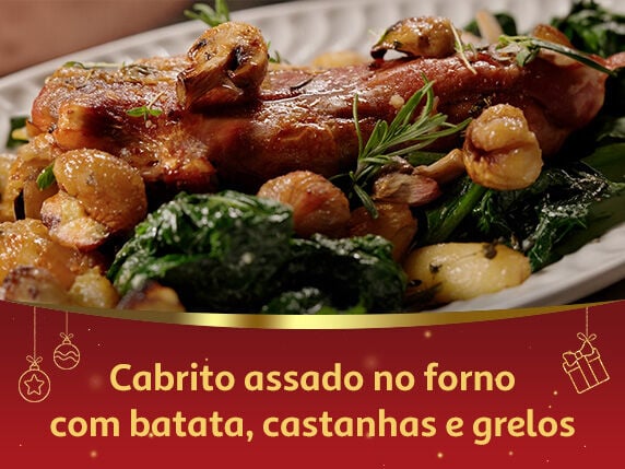 Cabrito assado no forno com batata, castanhas e grelos