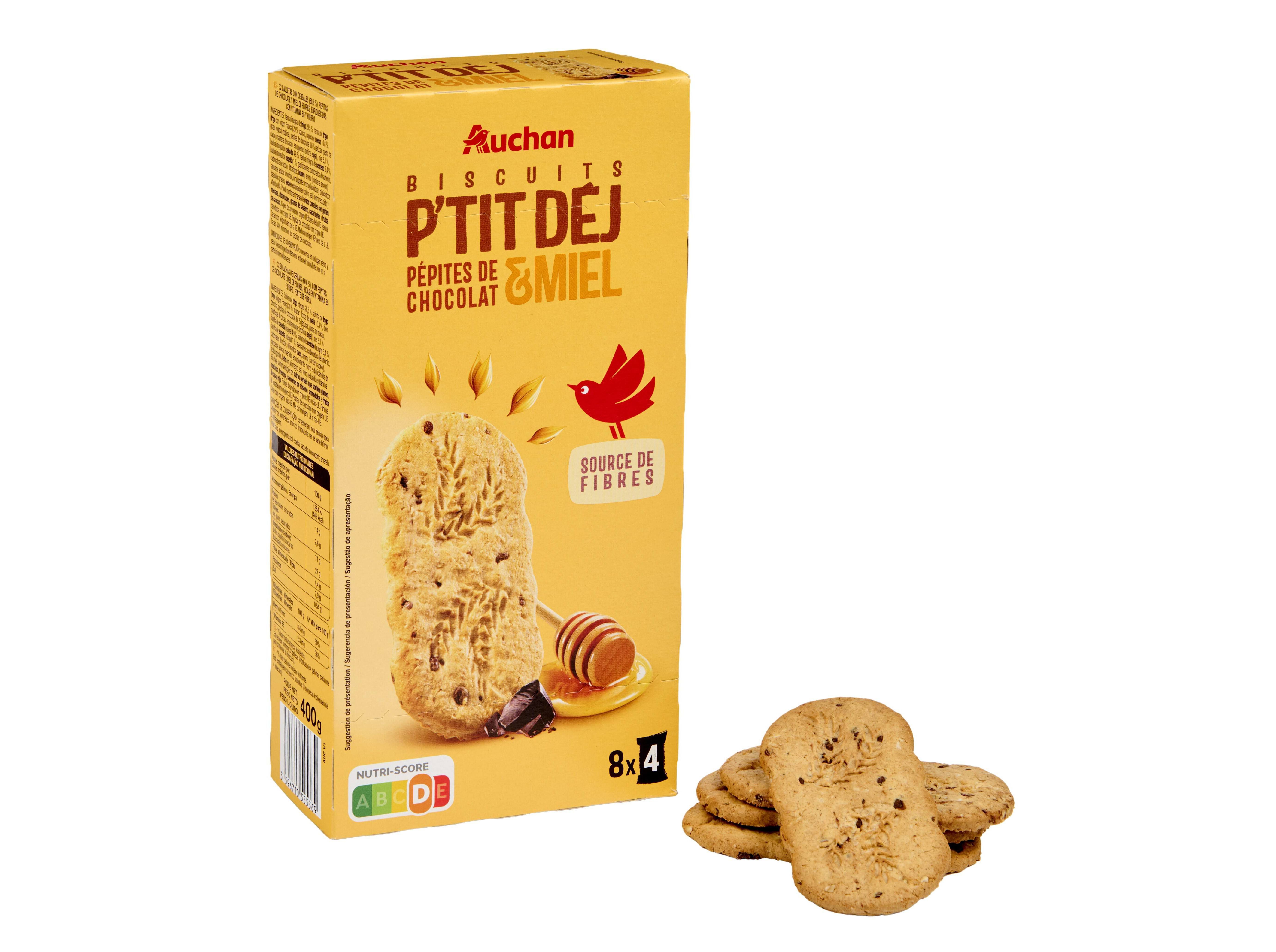 BOLACHA PEQ ALMO&Ccedil;O AUCHAN COM PEPITAS DE CHOCOLATE E MEL 8 SAQUETAS 400G image number 0