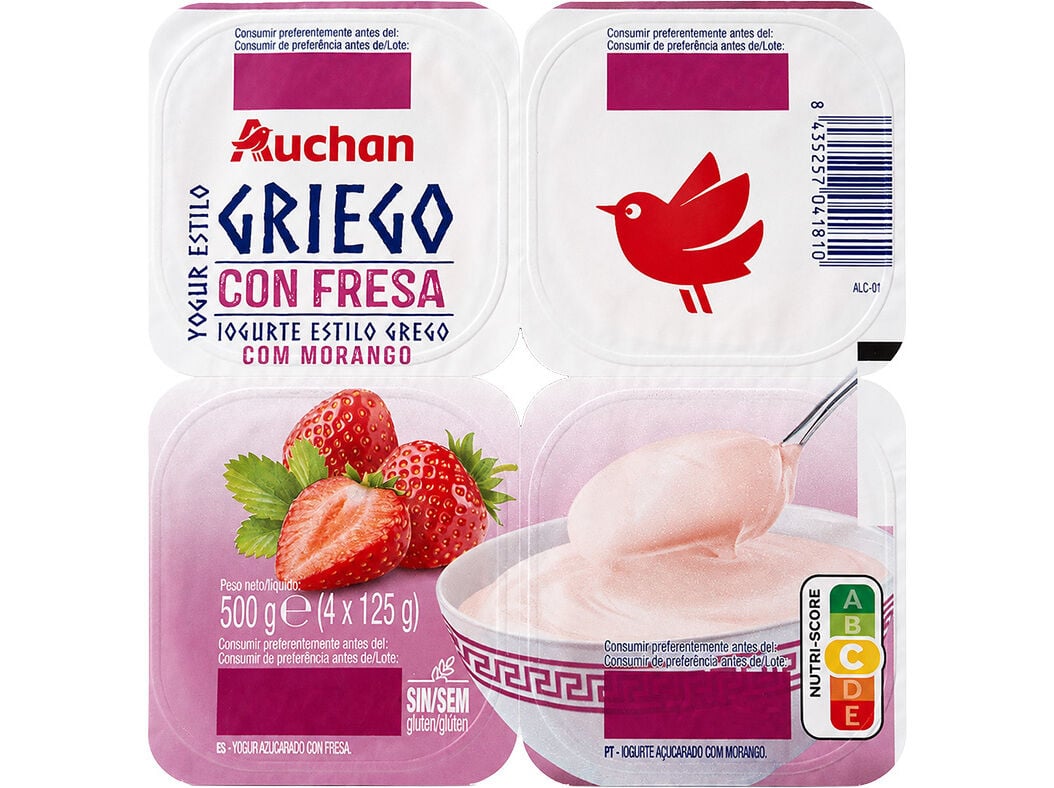IOGURTE GREGO AUCHAN MORANGO SEM GL&Uacute;TEN 4X125G image number 1