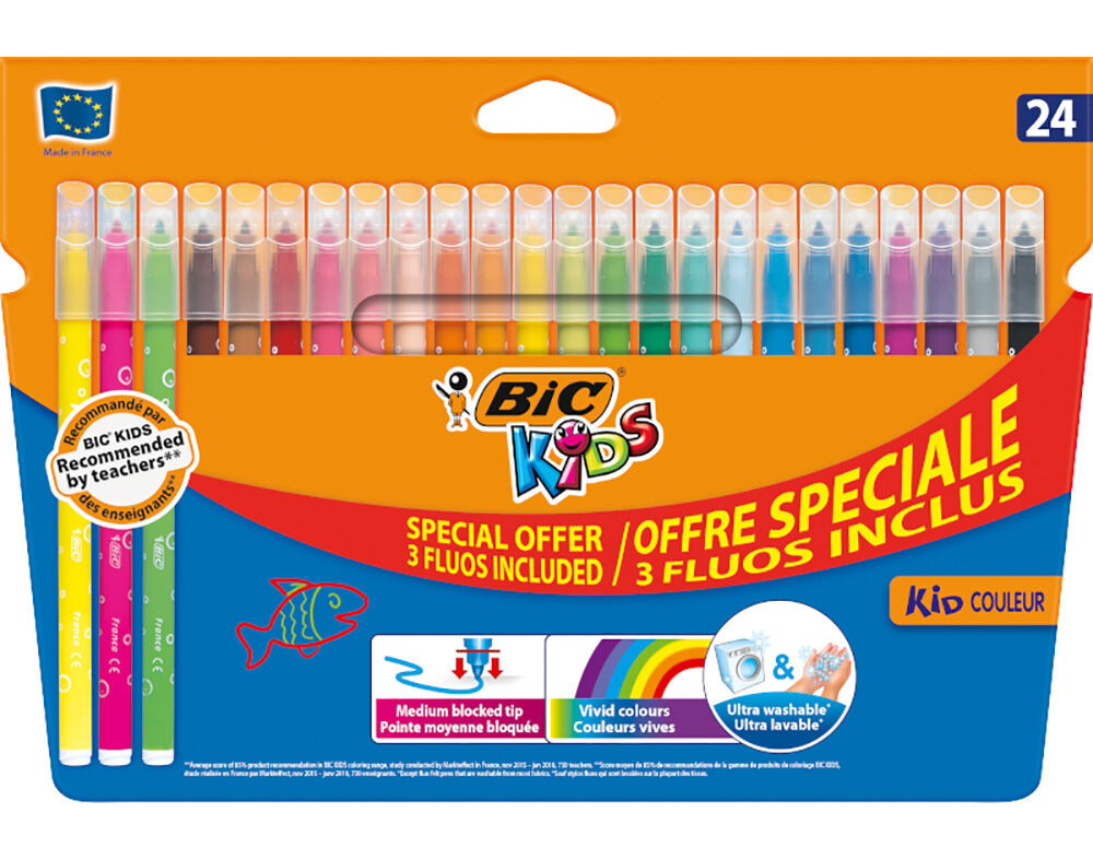 MARCADORES FLUORESCENTES DE COLORIR KIDS BIC PONTA M&Eacute;DIA LAVAVEL 24 UNIDADES
