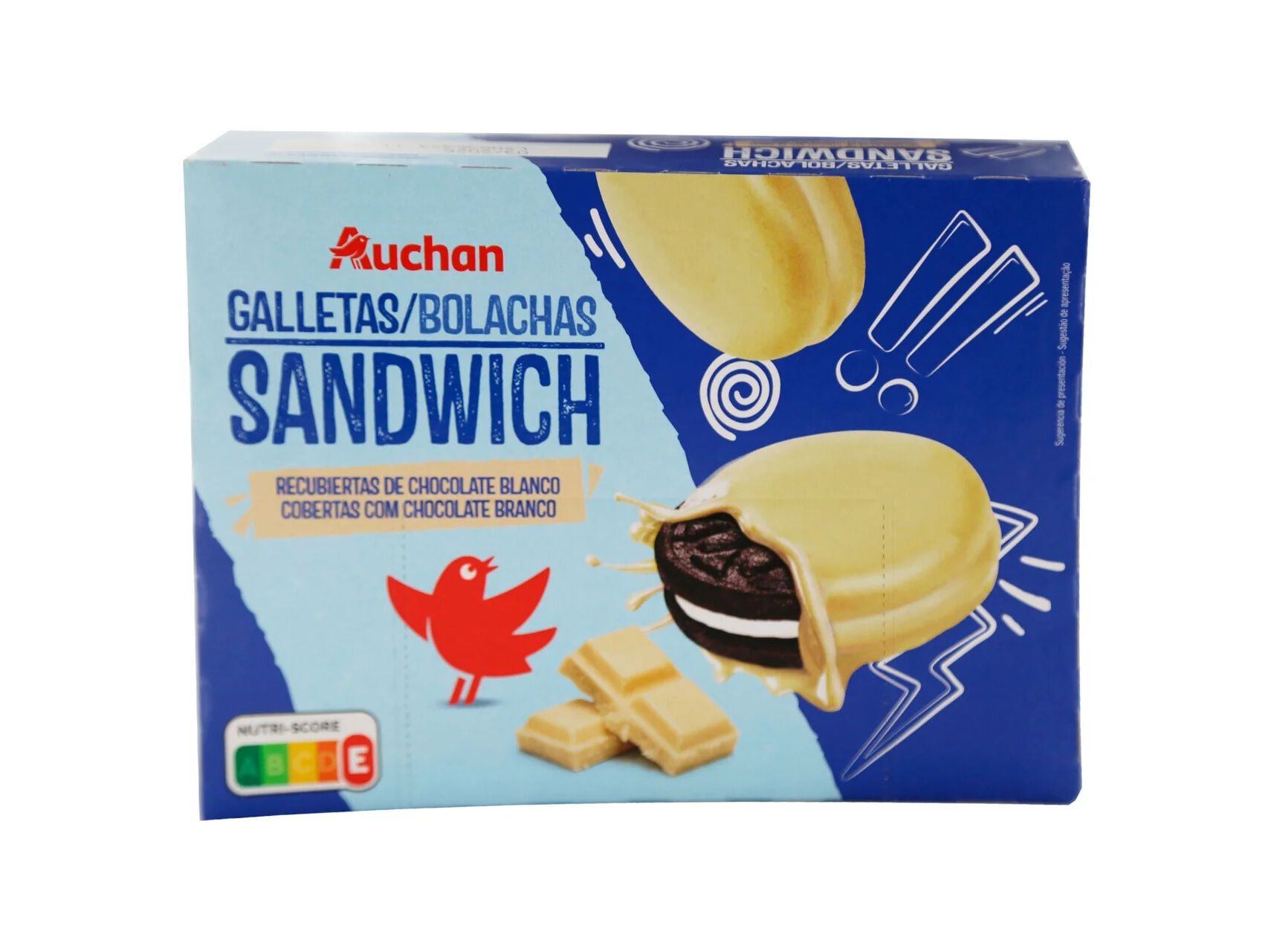 BOLACHA AUCHAN SANDWICH COBERTAS COM CHOCOLATE BRANCO 252G