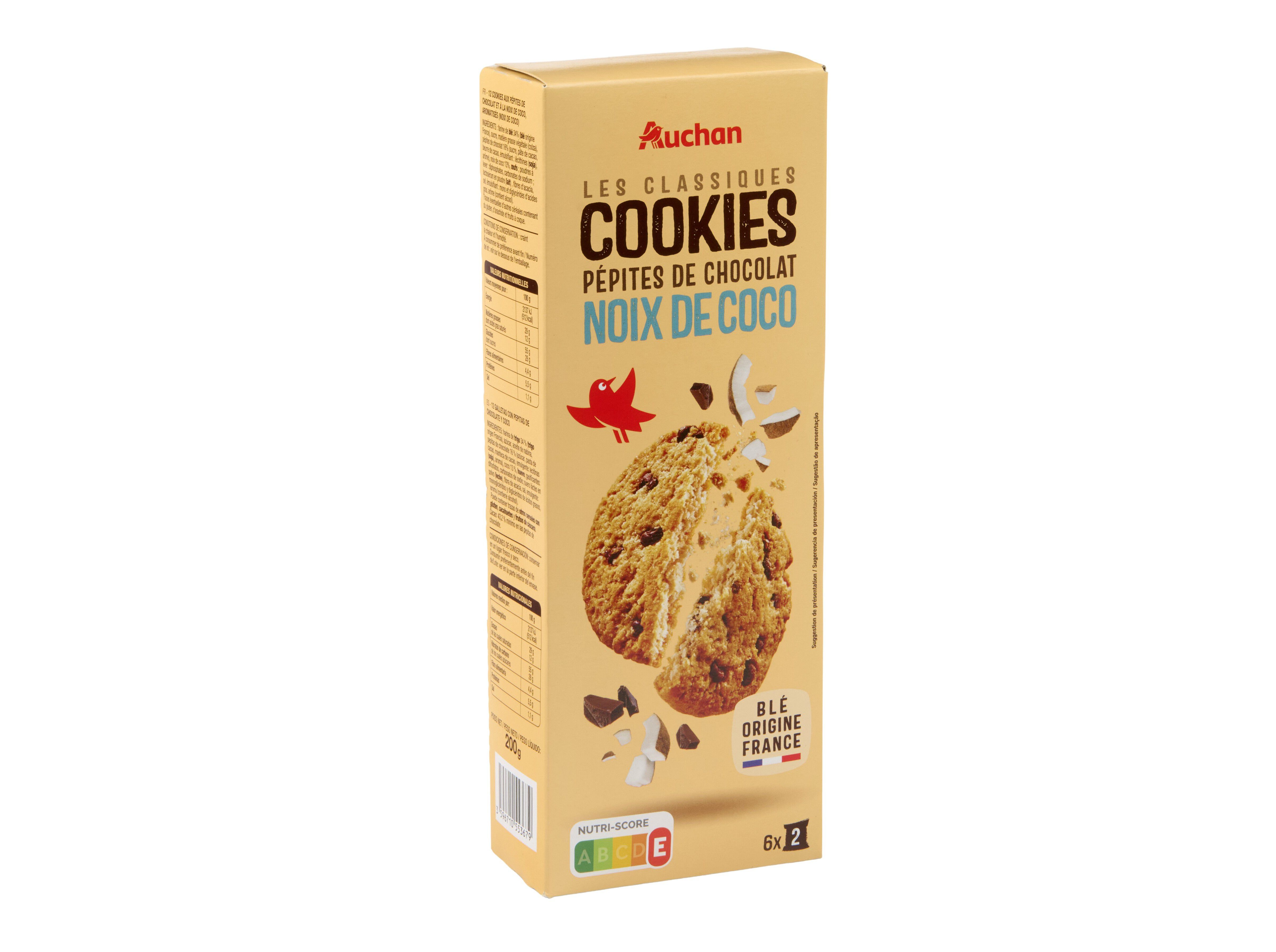 BOLACHAS COOKIES AUCHAN COM PEPITAS DE CHOCOLATE E COCO 6X2UN 200G image number 0