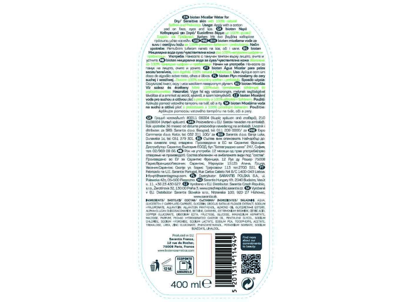 &Aacute;GUA BIOTEN MICELAR PELES SENS&Iacute;VEIS 400ML image number 1