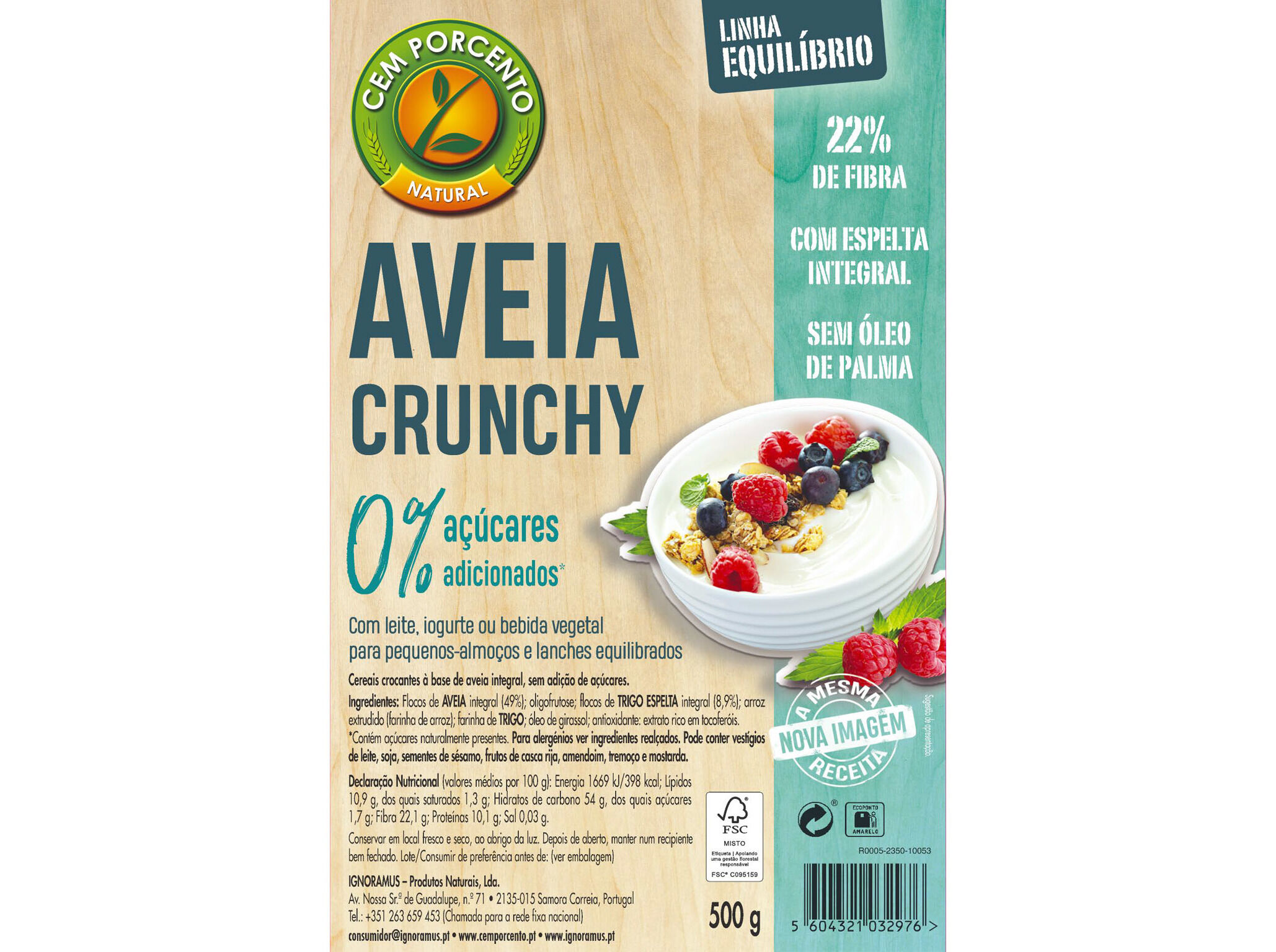 CEREAIS CEM PORCENTO AVEIA E ESPELTA CRUNCHY 500G image number 1