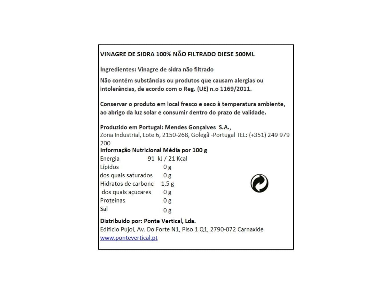 VINAGRE DE SIDRA DIESE N&Atilde;O FILTRADO 500ML image number 1