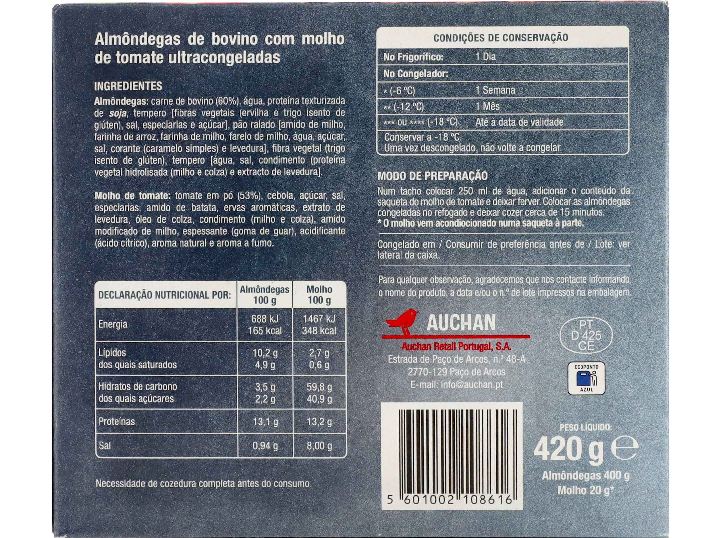 ALM&Ocirc;NDEGAS AUCHAN 60% BOVINO COM MOLHO TOMATE 420G image number 2