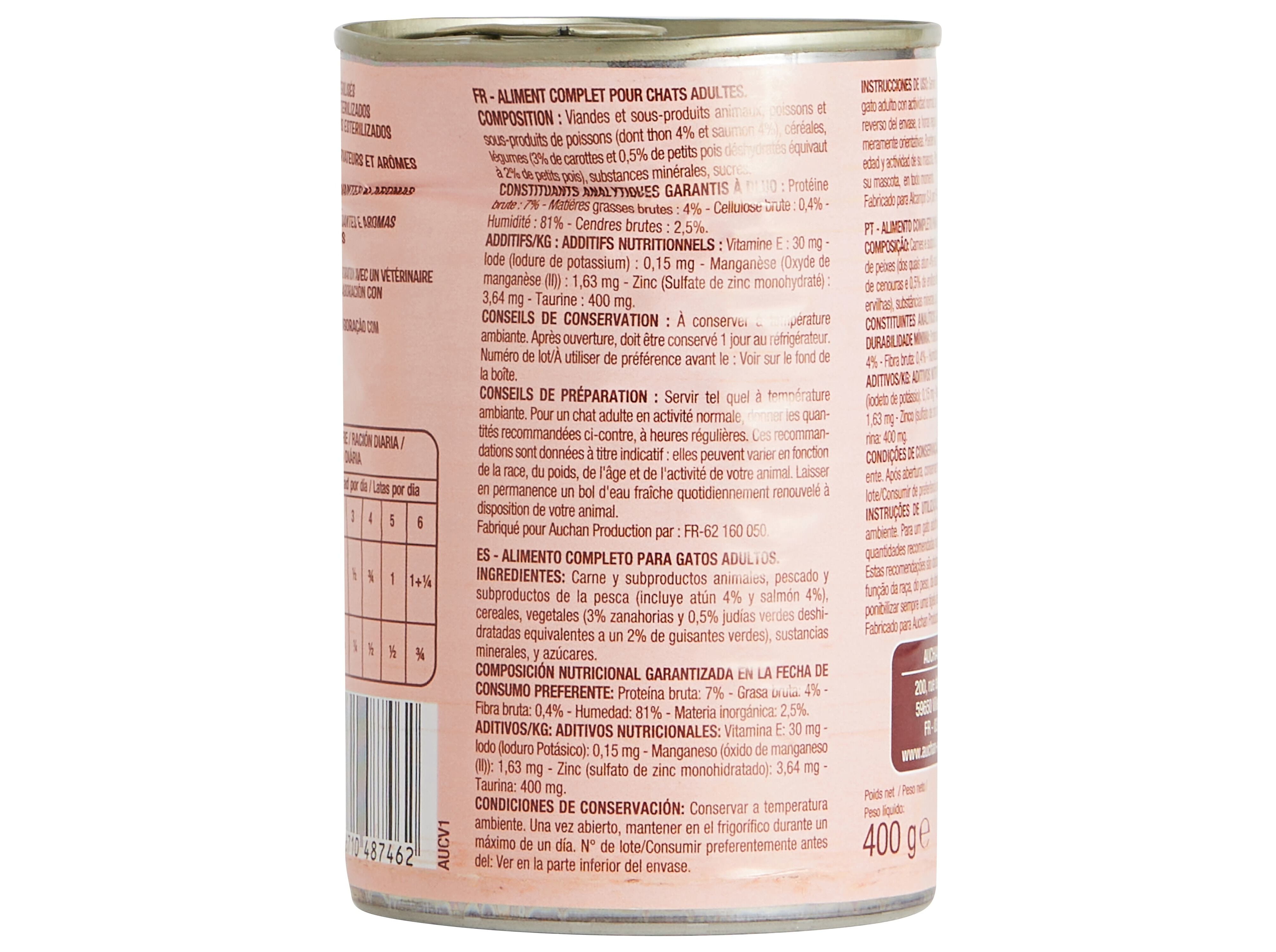 COMIDA H&Uacute;MIDA PARA GATO AUCHAN PEDA&Ccedil;OS EM MOLHO COM ATUM COM SALM&Atilde;O E COM LEGUMES 400G image number 1