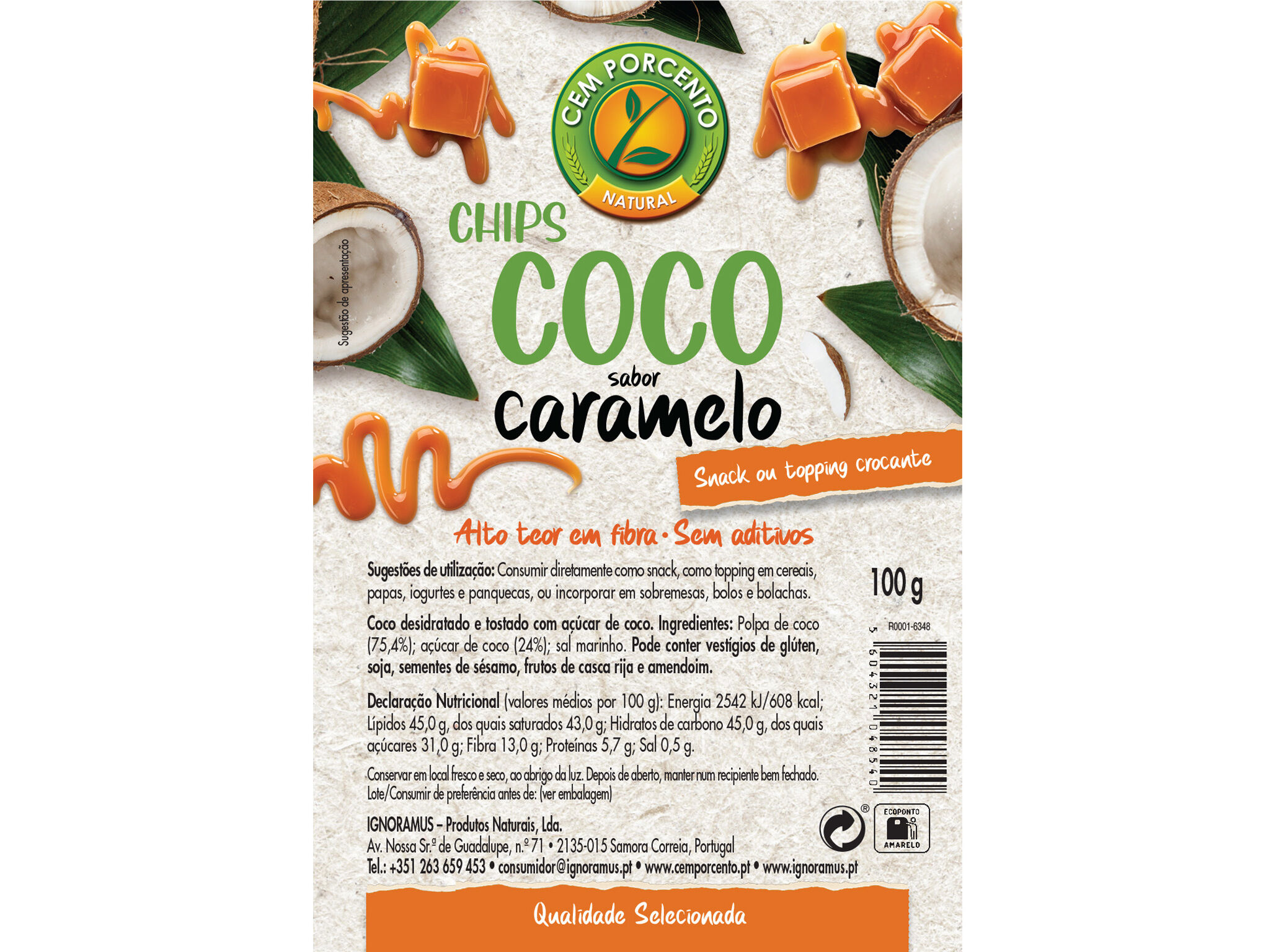 SNACKS CEM PORCENTO CHIPS COCO SABOR CARAMELO 100G image number 1