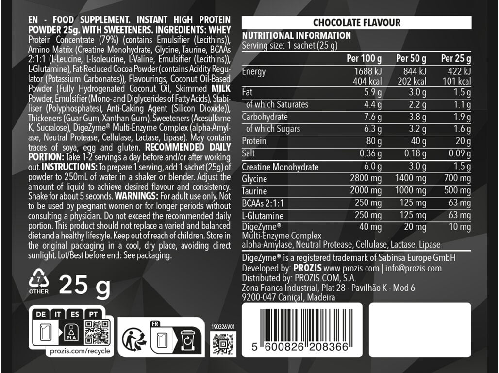 SAQUETA DE 100% WHEY PROZIS PRIME CHOCOLATE 25G image number 1