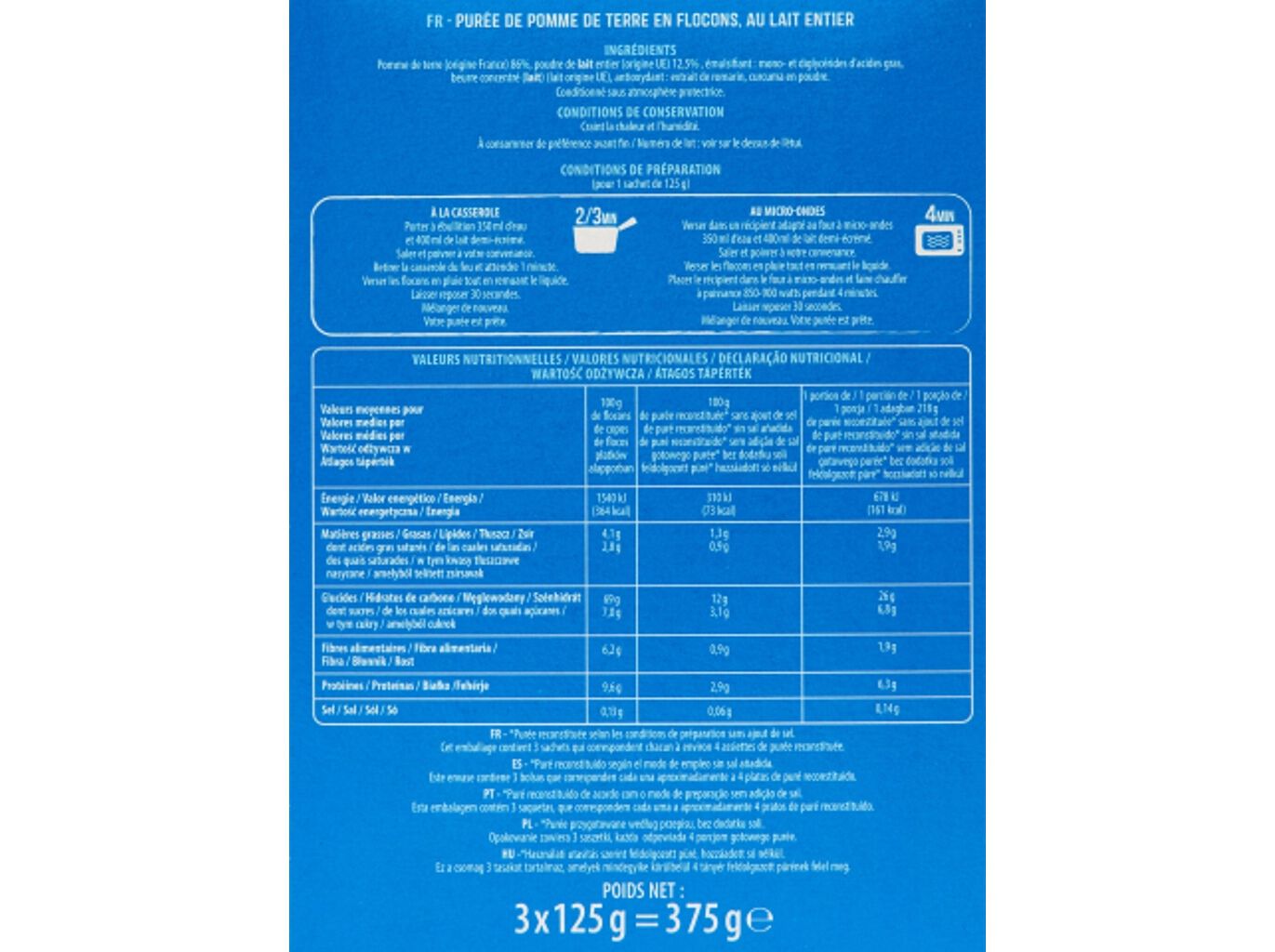 PUR&Eacute; DE BATATA AUCHAN EM FLOCOS C/LEITE 375G(3X125G image number 1