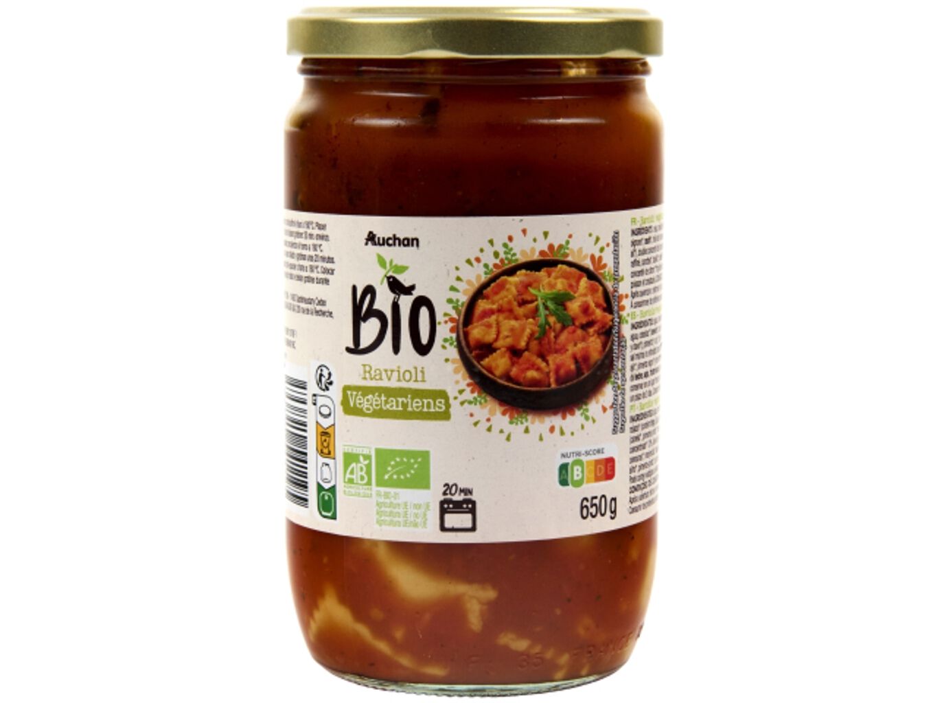 RAVIOLI AUCHAN BIO VEGETARIANO EM FRASCO 650G image number 0