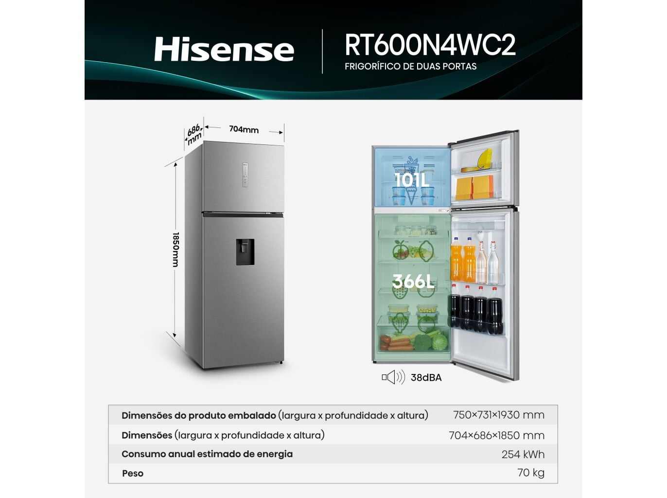 FRIGOR&Iacute;FICO 2 PORTAS HISENSE RT600N4WC2 (NO FROST E 185CM 467L LOOK INOX) image number 2