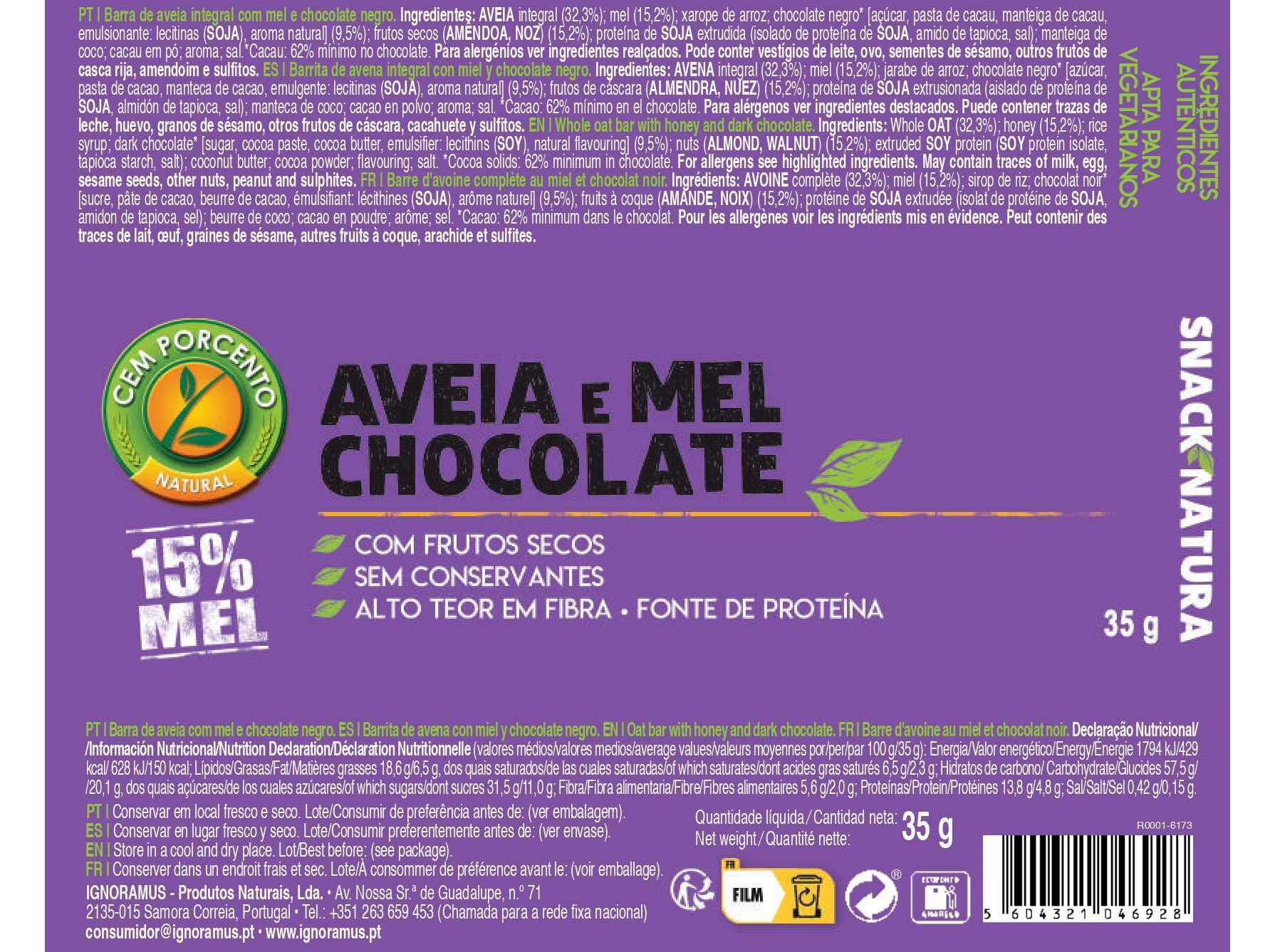 BARRA DE CEREAIS CEM PORCENTO AVEIA MEL E CHOCOLATE 35G image number 1