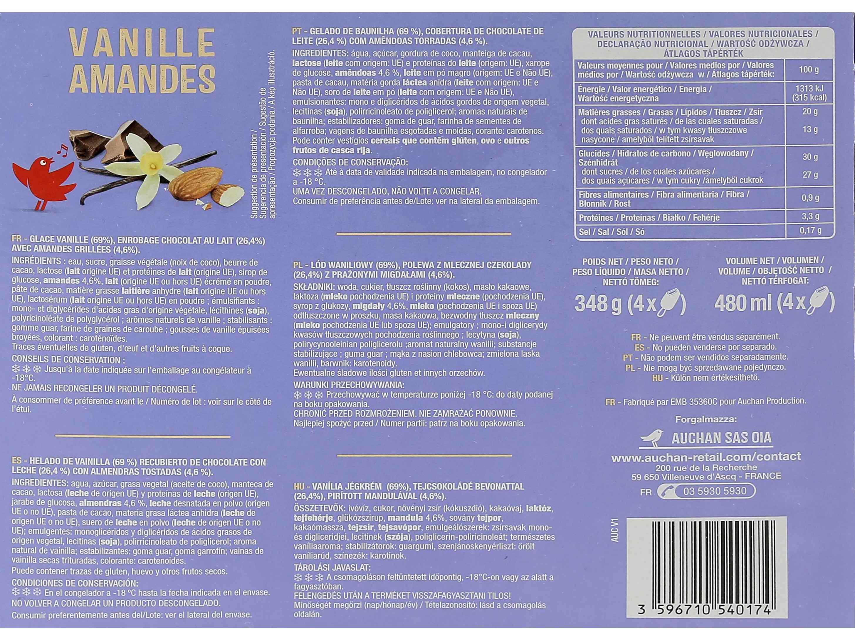 GELADO PALITO AUCHAN BAUNILHA AM&Ecirc;NDOAS 4X120ML image number 2