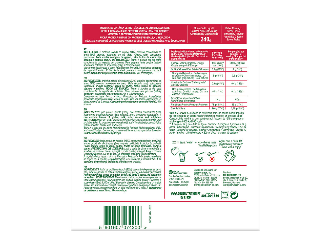 PROTE&Iacute;NA GOLDNUTRITION V-PROTEIN VEGETAL MORANGO 240G image number 1