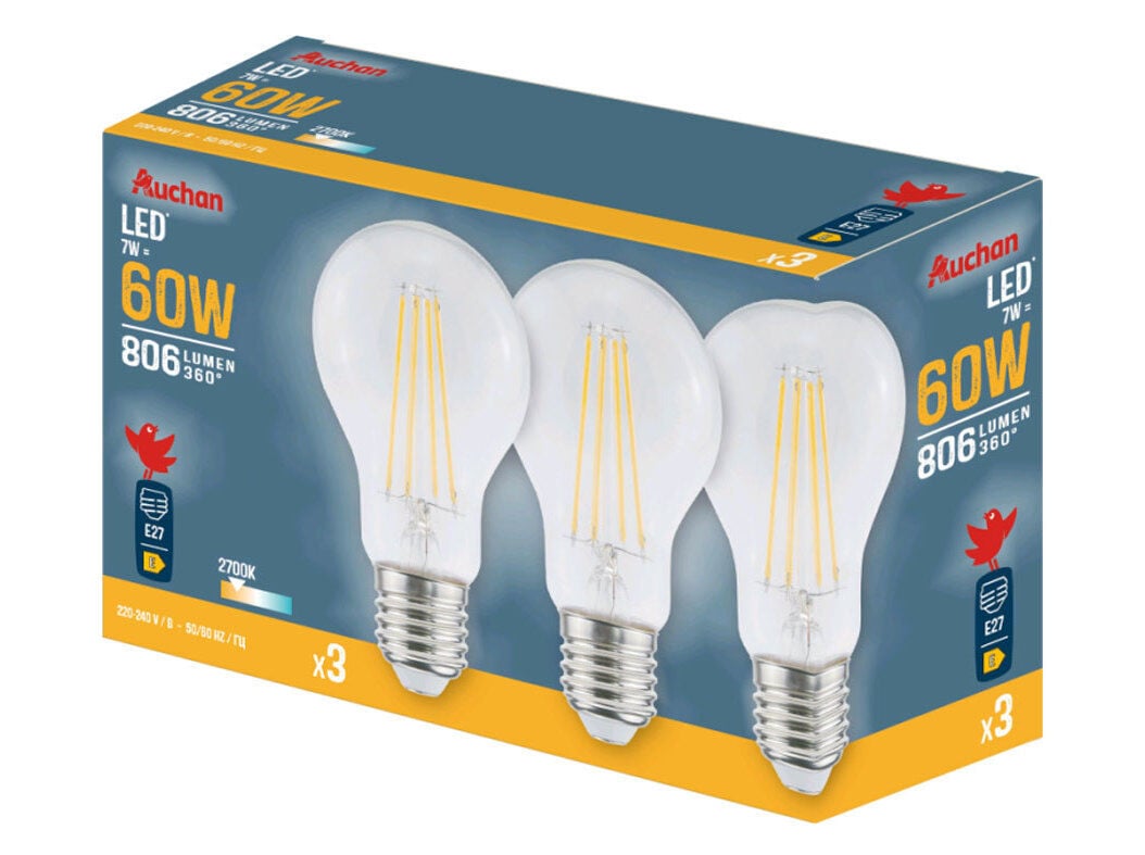 L&Acirc;MPADA LED VELA AUCHAN E27 60W EQUI LUZ AMARELA 3 UNIDADES