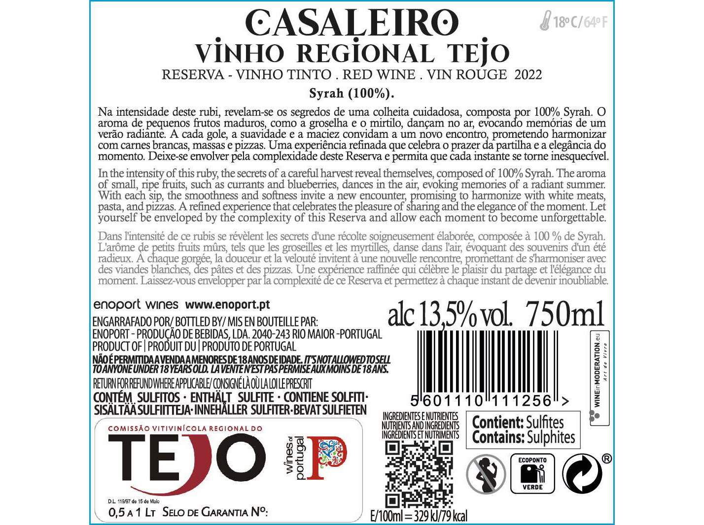 VINHO TINTO CASALEIRO RESERVA SYRAH TEJO 0.75L image number 1