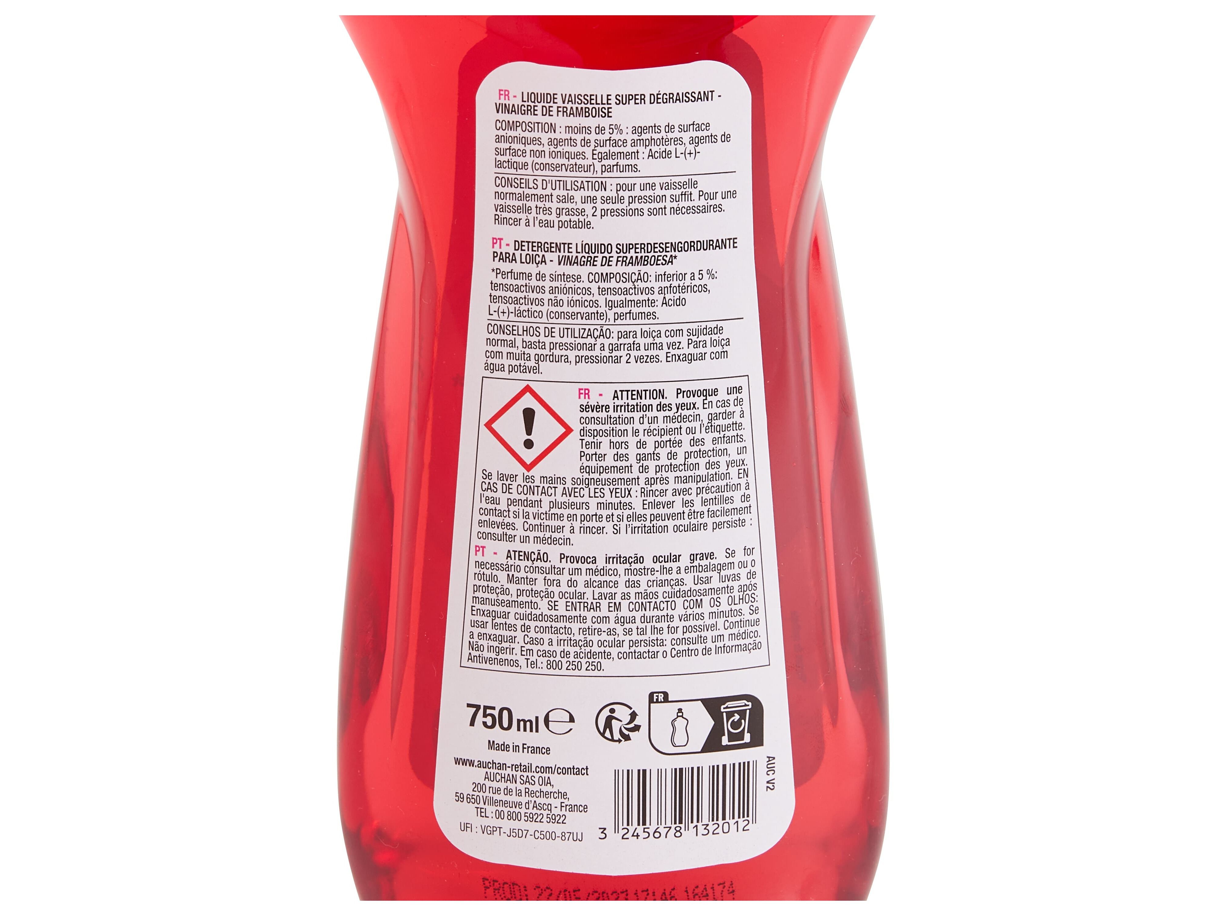 DETERGENTE LOI&Ccedil;A MANUAL AUCHAN CONCENTRADO FRAMBOESA 750ML image number 2