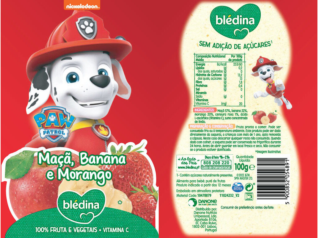 SAQUETA FRUTA BLEDINA PATRULHA PATA MA&Ccedil;A BANANA MORANGO 100G image number 1
