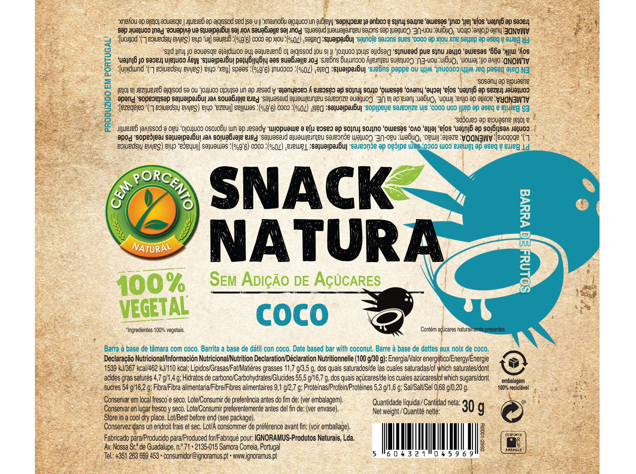 BARRA SNACK NATURA CEMPORCENTO COCO 30G image number 1