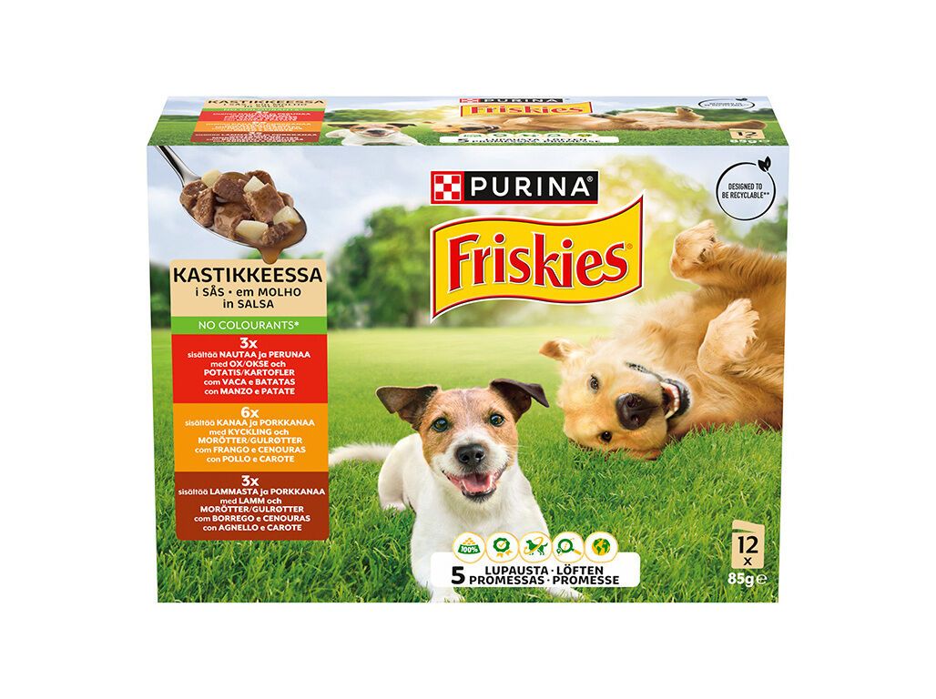 COMIDA H&Uacute;MIDA PARA C&Atilde;O ADULTO FRISKIES VACA / FRANGO / BORREGO 12X85G