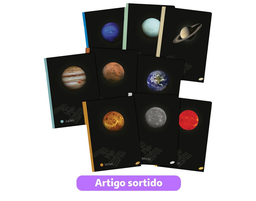 CADERNO AGRAFADO A4 PLANETAS PAUTADO A4 48 FOLHAS MODELOS SORTIDOS image number 0