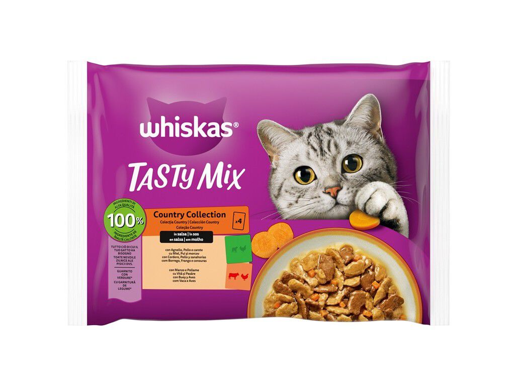 COMIDA H&Uacute;MIDA PARA GATO WHISKAS TASTY MIX COUNTRY COLLECTION 4X85G