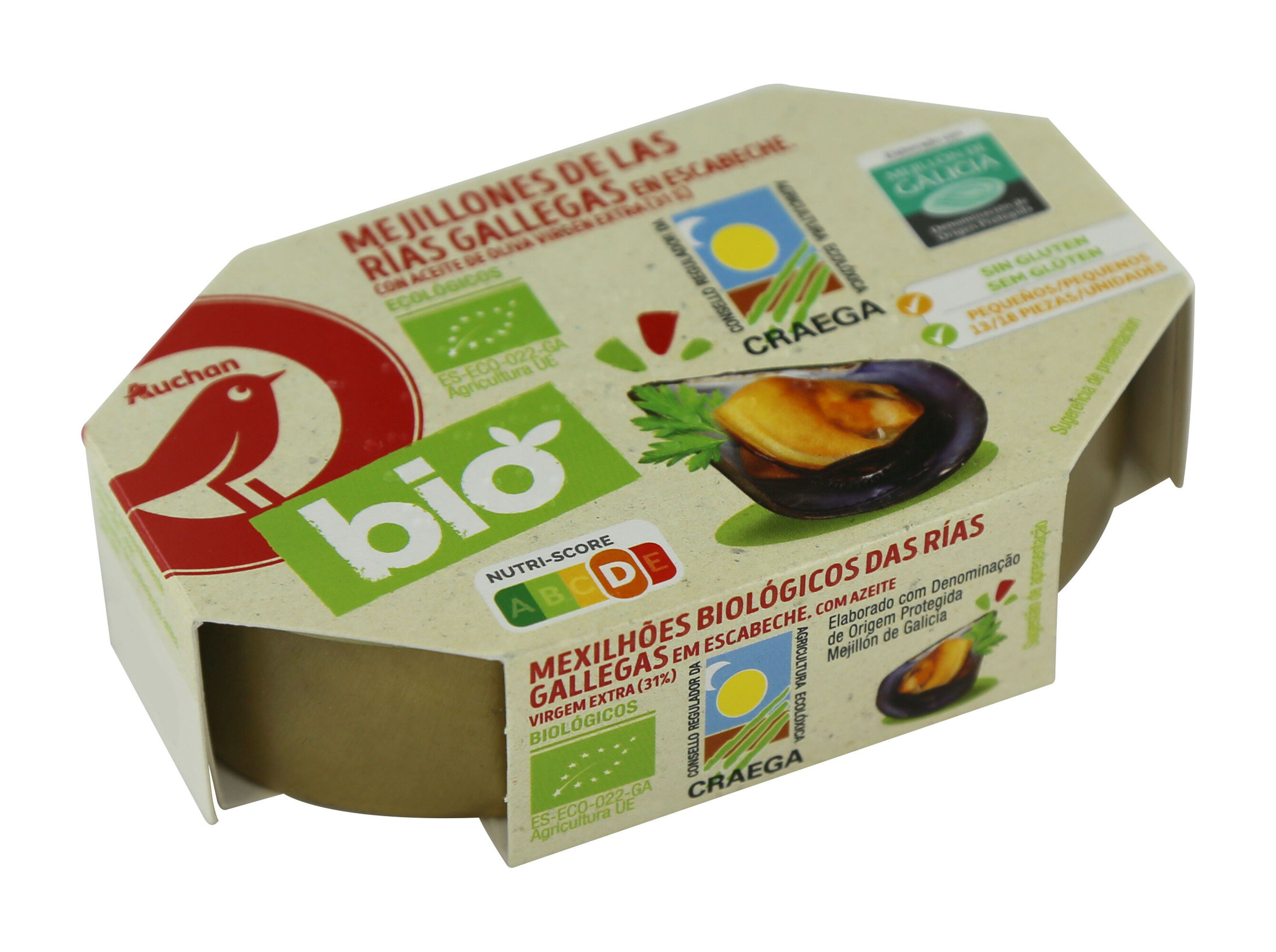 MEXILH&Otilde;ES AUCHAN BIO DAS RIAS GALLEGA EM ESCABECHE COM AZEITE VIRGEM EXTRA 111(69)G