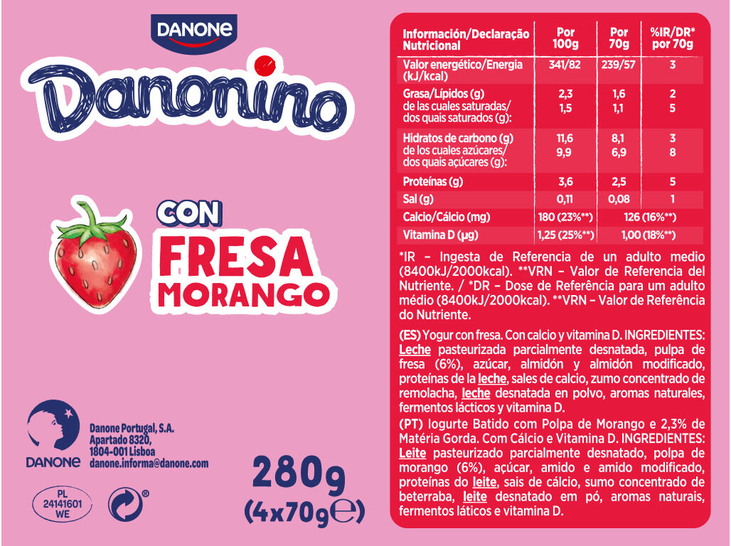 IOGURTE DANONINO P/LEVAR MORANGO 4X70 G image number 1