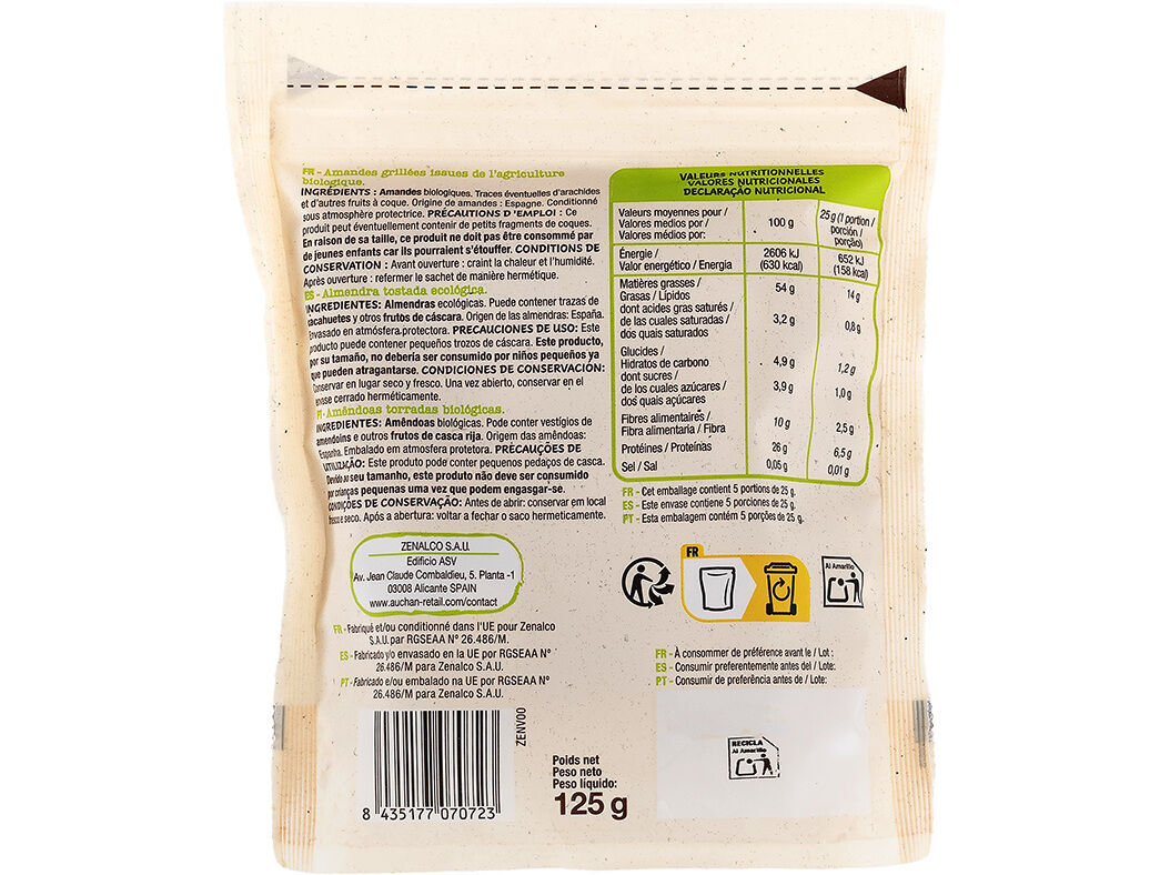 AMENDOAS AUCHAN BIO TORRADAS 125G image number 1