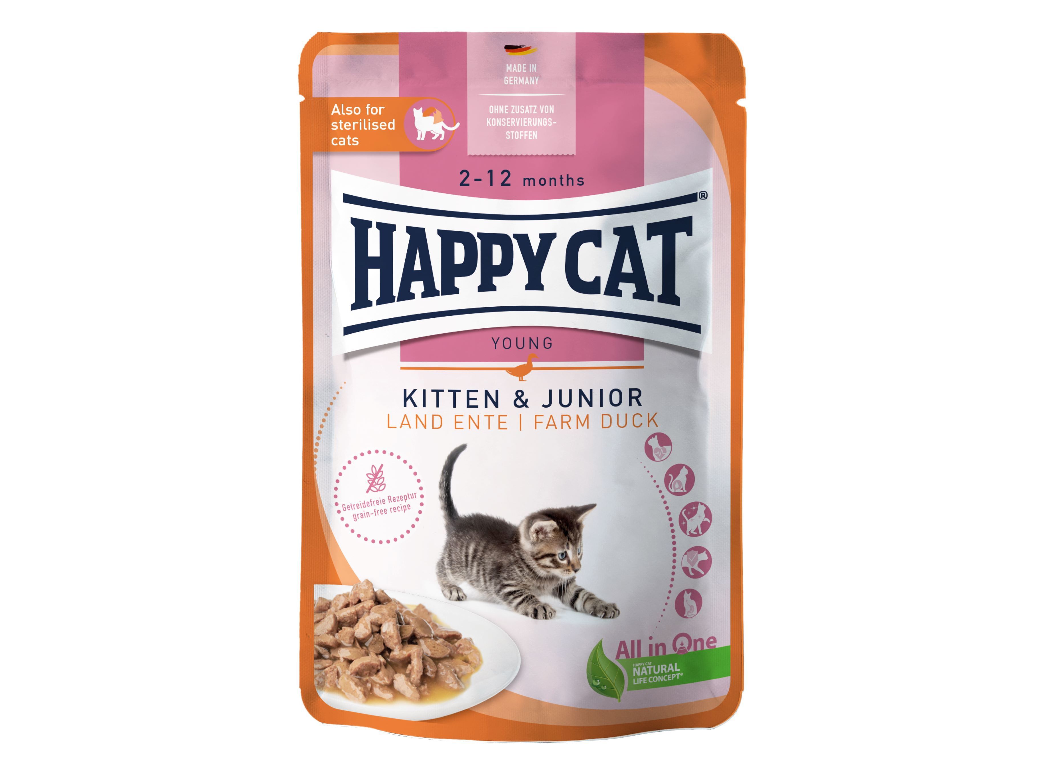 COMIDA H&Uacute;MIDA GATO HAPPY CAT KITTEN & JUNIOR PATO 85G