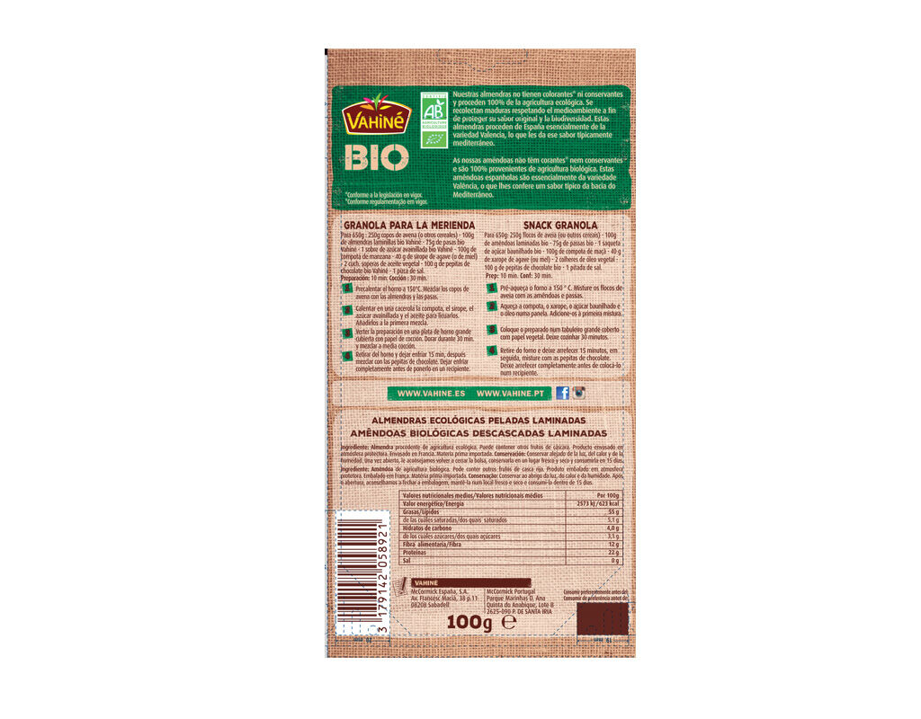 AM&Ecirc;NDOAS VAHIN&Eacute; LAMINADAS BIO 100G image number 1