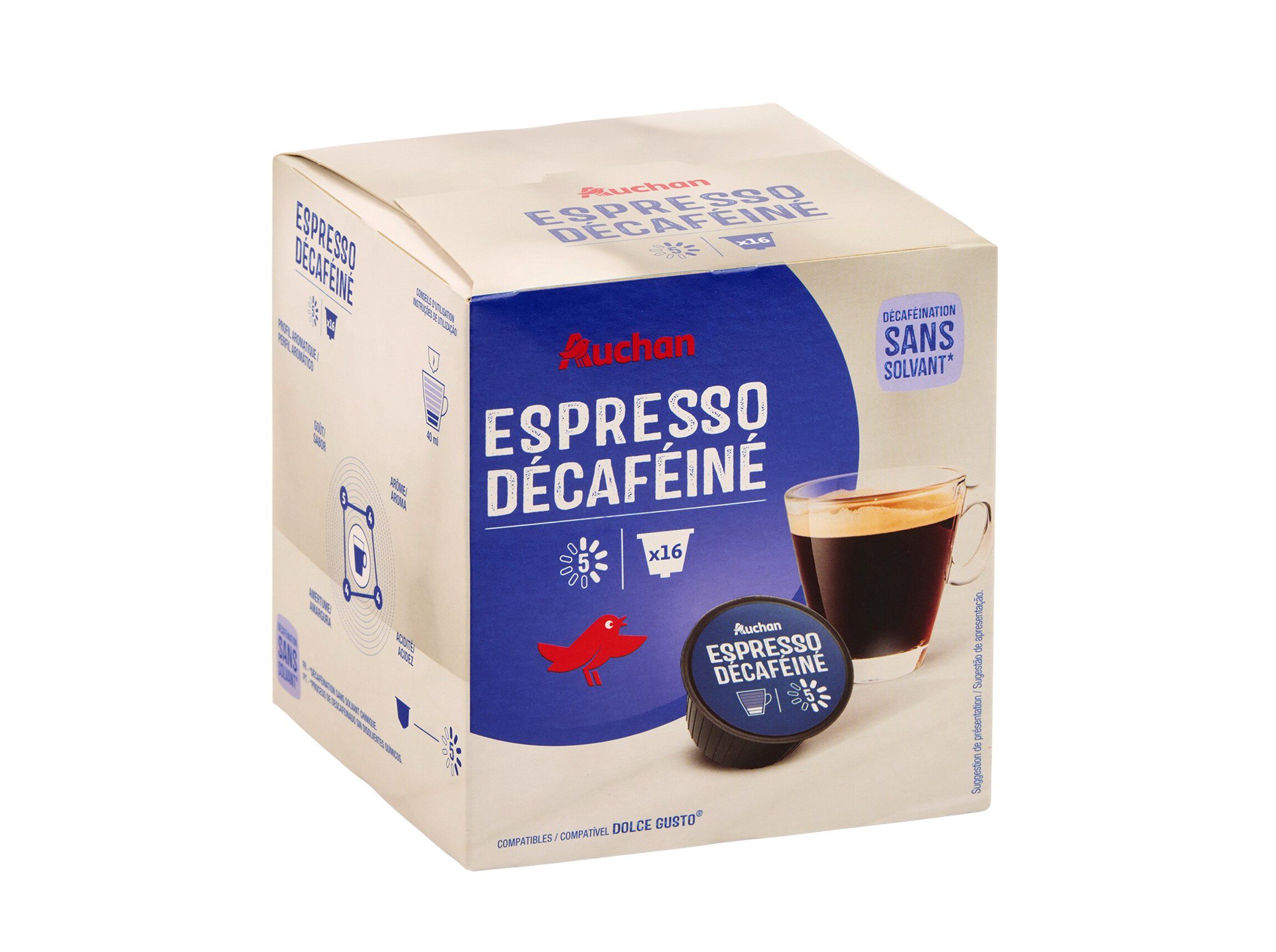 C&Aacute;PSULAS CAF&Eacute; COMPATIVEIS DOLCE GUSTO AUCHAN DESCAFEINADO INT.5 16UN