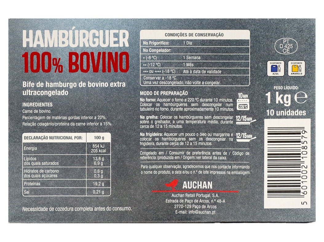 HAMB&Uacute;RGUER AUCHAN 100% BOVINO 10UN 1KG image number 2