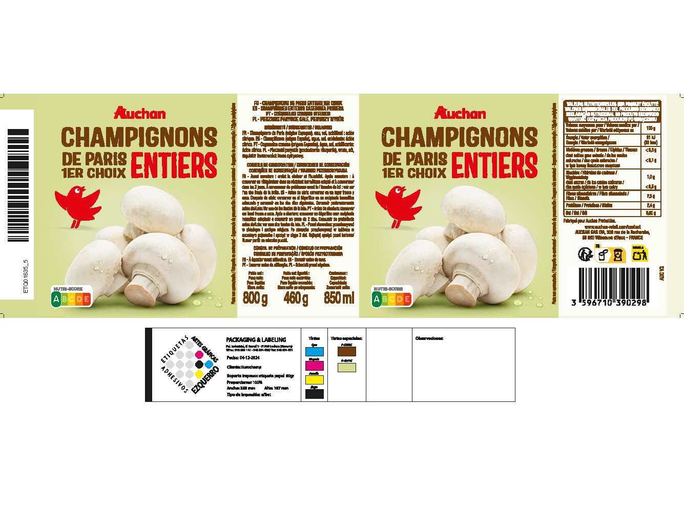 COGUMELOS INTEIROS AUCHAN 800(460)G image number 1