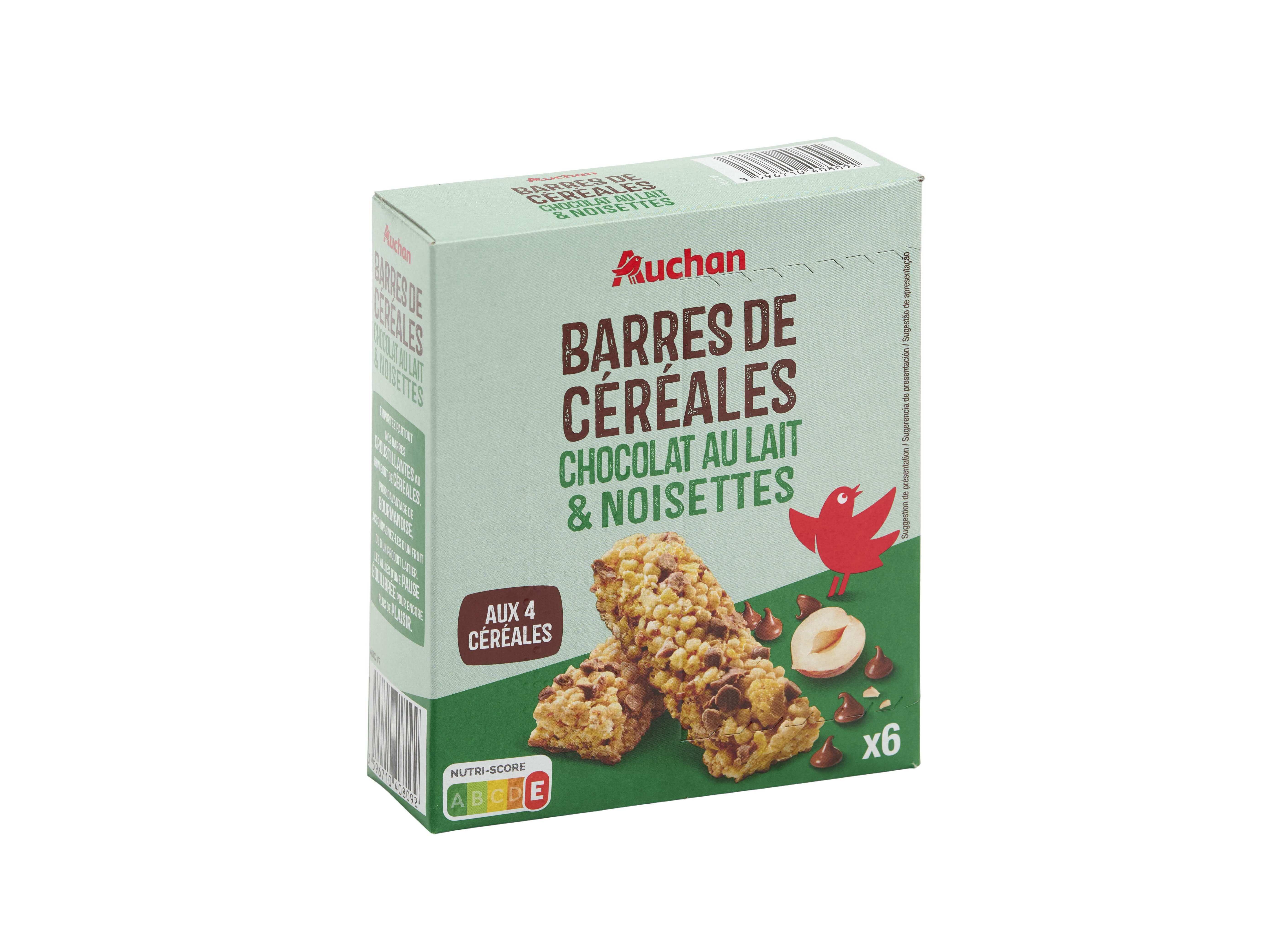 BARRAS AUCHAN CEREAIS CHOCOLATE LEITE E AVEL&Atilde; 126G 6UN