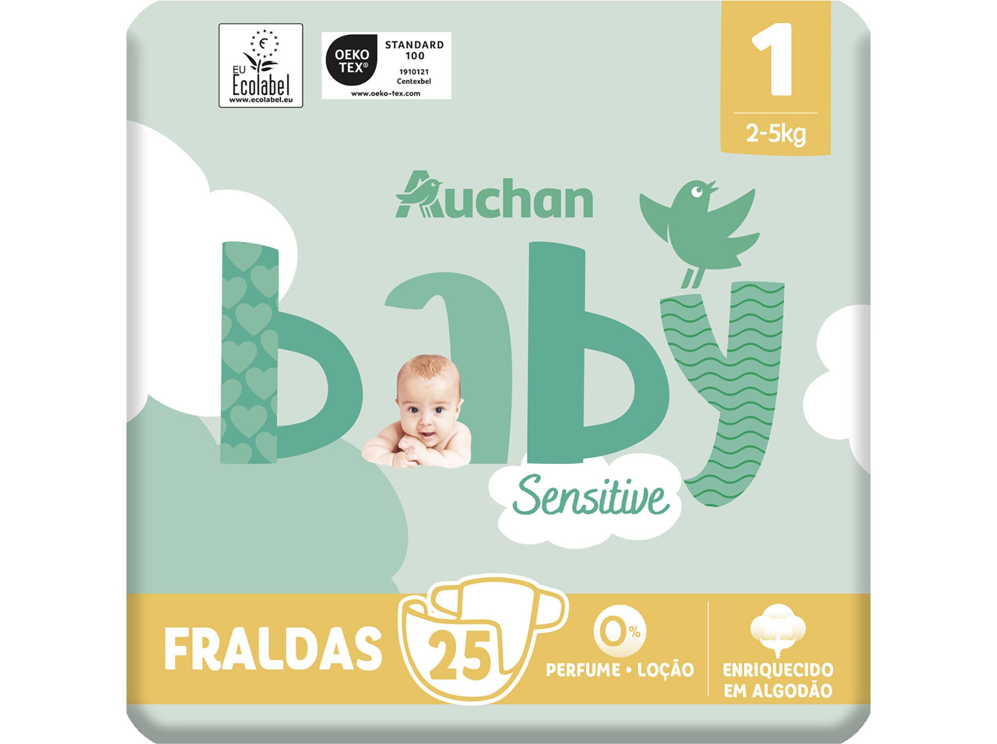 FRALDAS AUCHAN BABY SENSITIVE ECOL&Oacute;GICAS TAMANHO 1 2-5KG 25UN