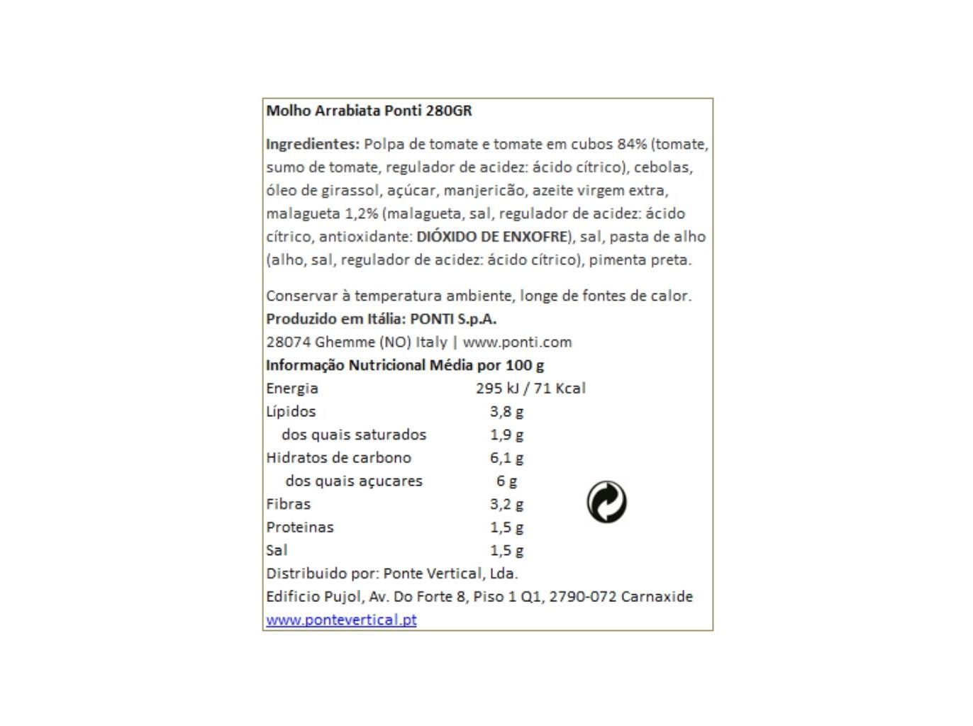 MOLHO PONTI PARA MASSAS ARRABIATA 280G image number 1