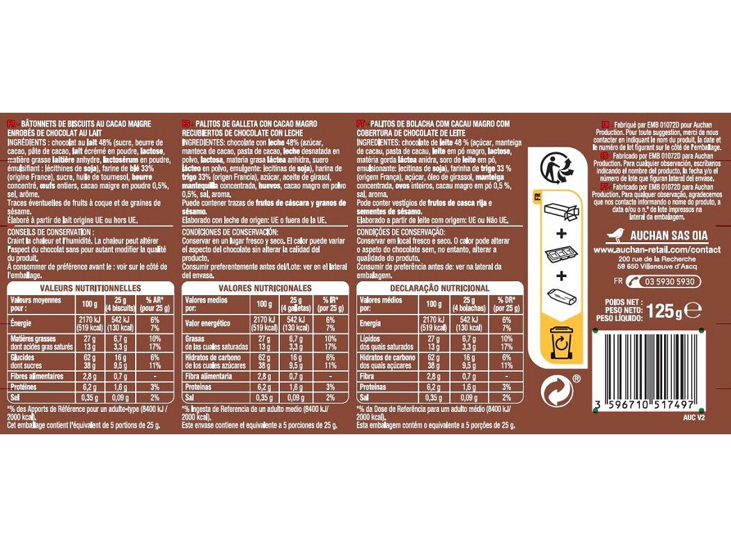BOLACHAS AUCHAN PALITOS DE CACAU E CHOCOLATE DE LEITE 125G image number 1