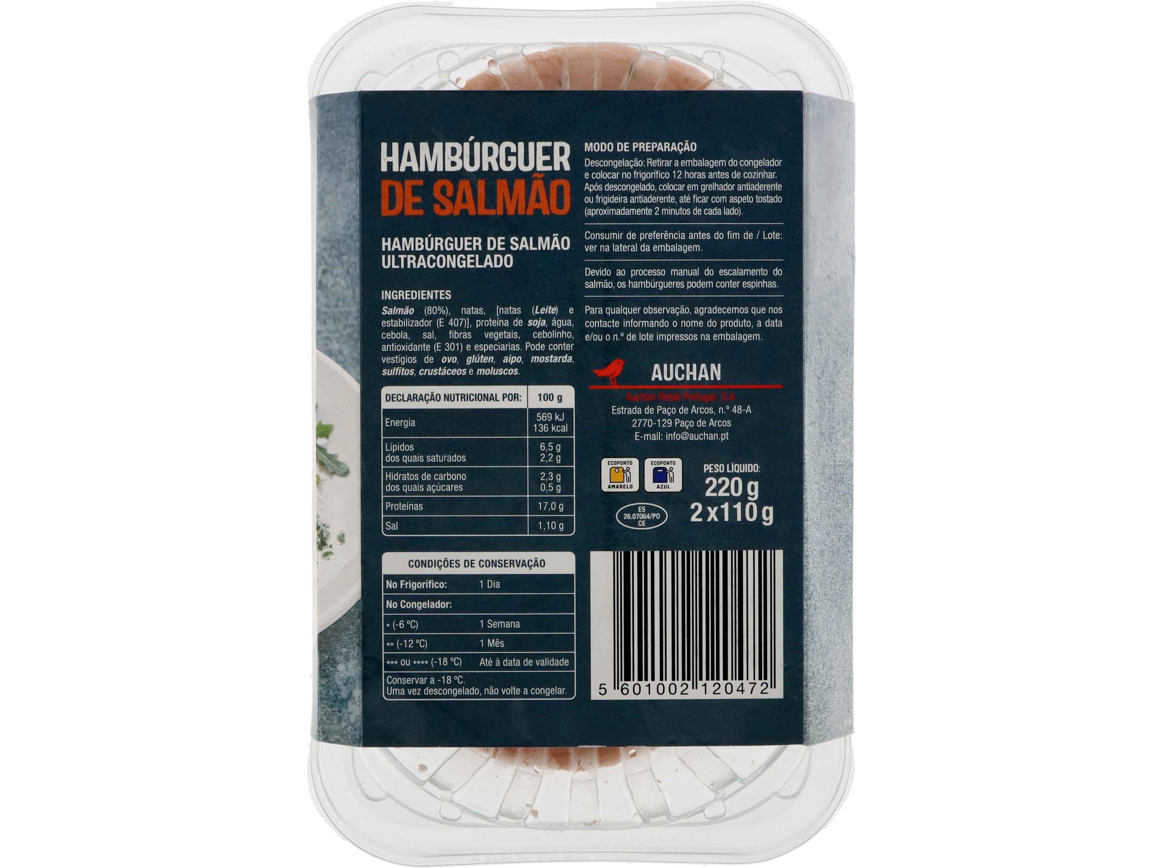 HAMB&Uacute;RGUER DE SALM&Atilde;O AUCHAN ULTRACONGELADO 2UN 220G image number 1