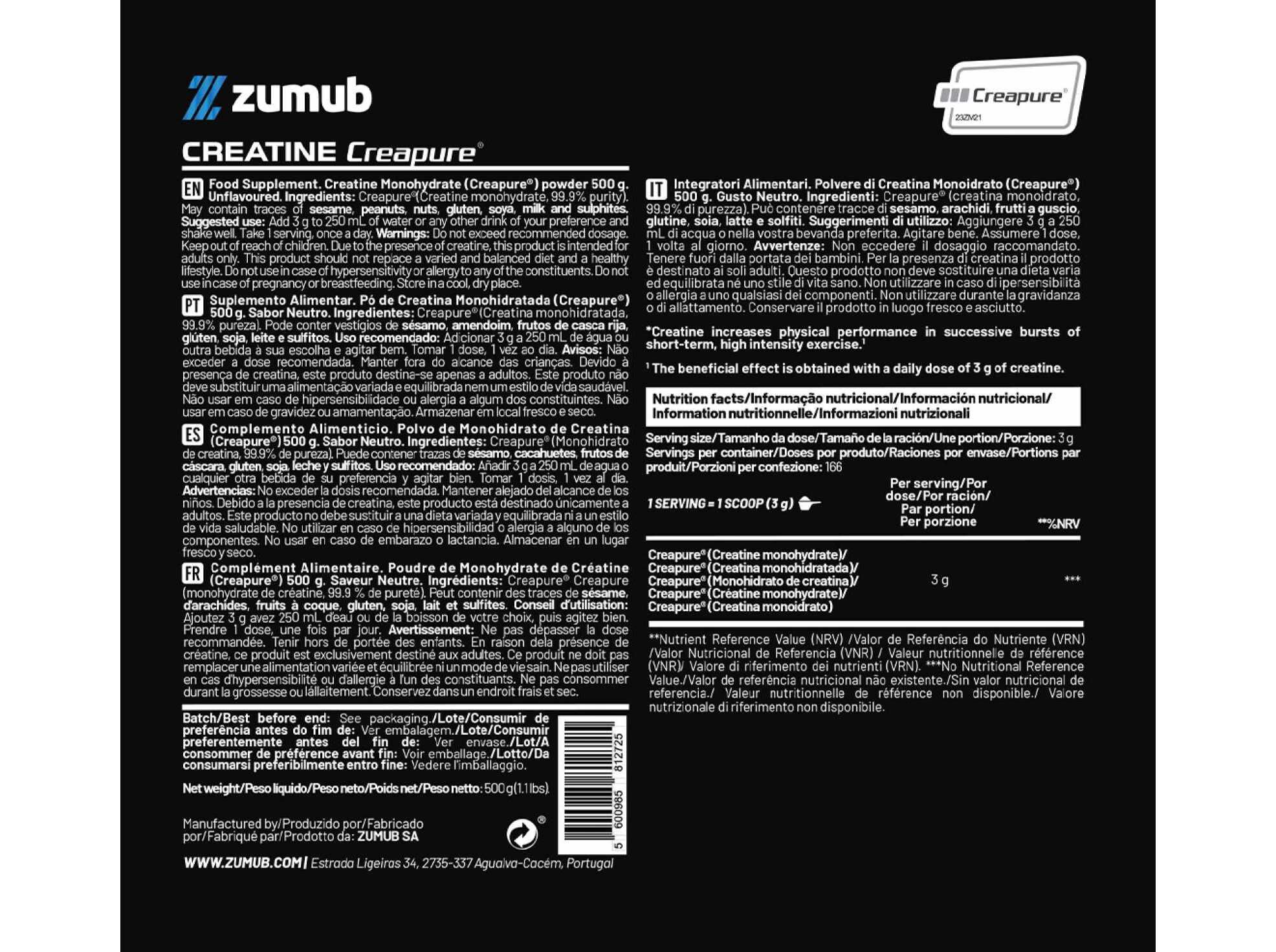 SUPLEMENTO ZUMUB CREATINA 500G image number 1
