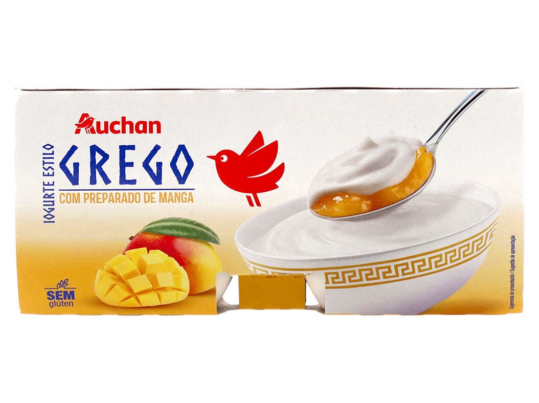 IOGURTE GREGO AUCHAN COM PEDA&Ccedil;OS MANGA SEM GL&Uacute;TEN 4X125G