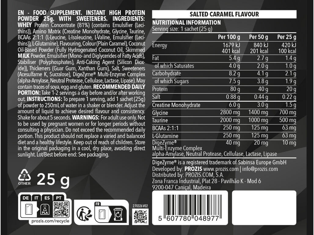 SAQUETA DE 100% WHEY PROZIS PRIME CARAMELO SALGADO 25G image number 1