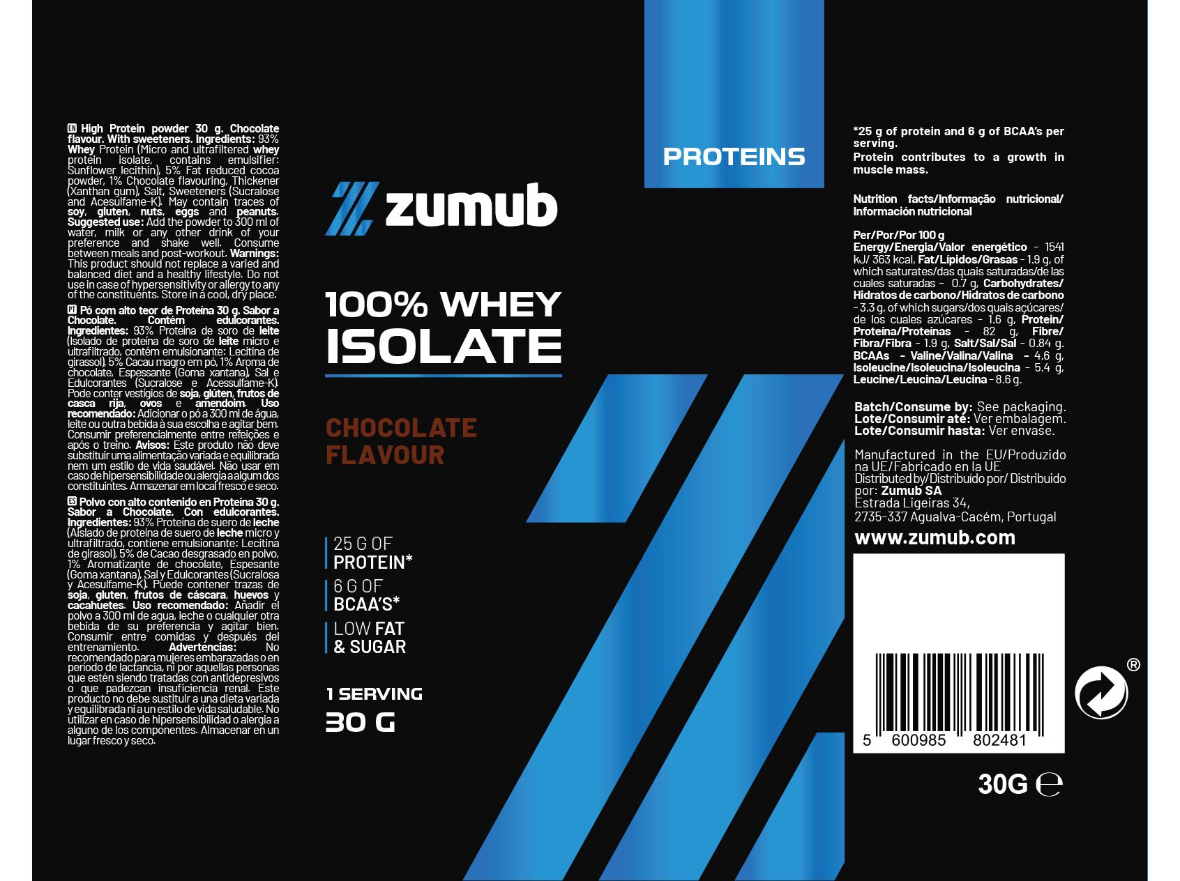 PROTEINA WHEY ZUMUB 100% ISOLADA DE CHOCOLATE 30G image number 1