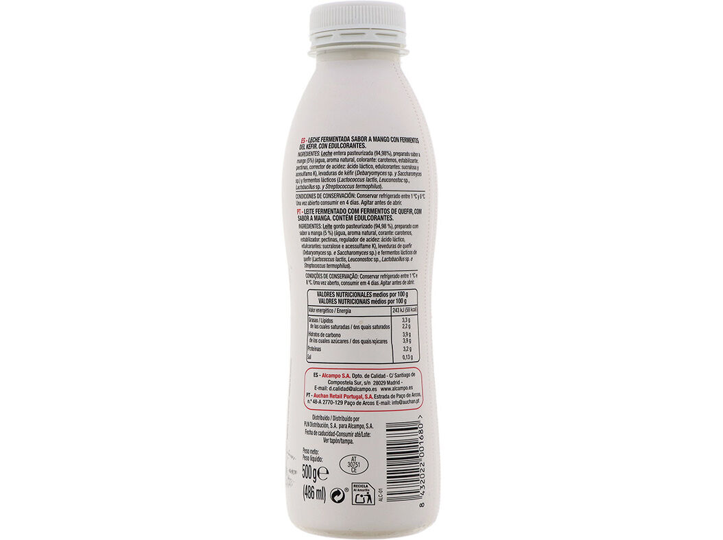 KEFIR L&Iacute;QUIDO AUCHAN MANGA 500G image number 1