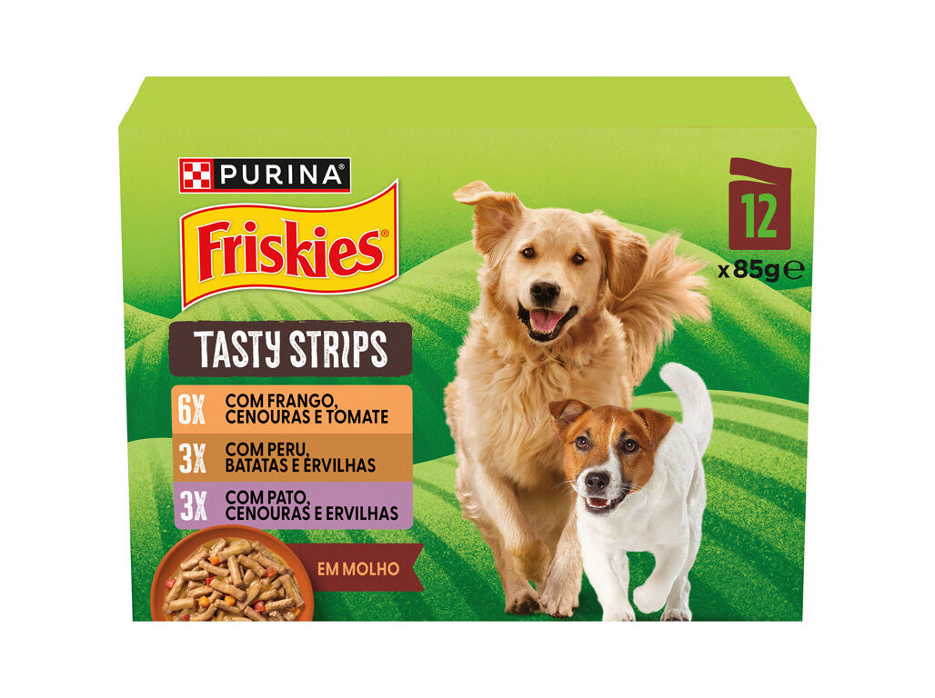 COMIDA H&Uacute;MIDA PARA C&Atilde;O FRISKIES TASTY STRIPS 12X85G