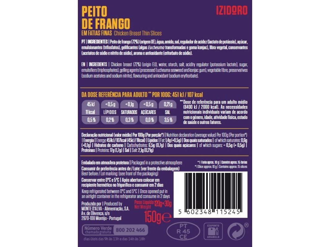 PEITO FRANGO IZIDORO FATIAS FINAS 120G+30G image number 1