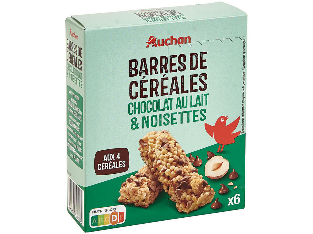 BARRAS AUCHAN CROUSTY CEREAIS CHOCOLATE LEITE E AVEL&Atilde; 126G 6UN