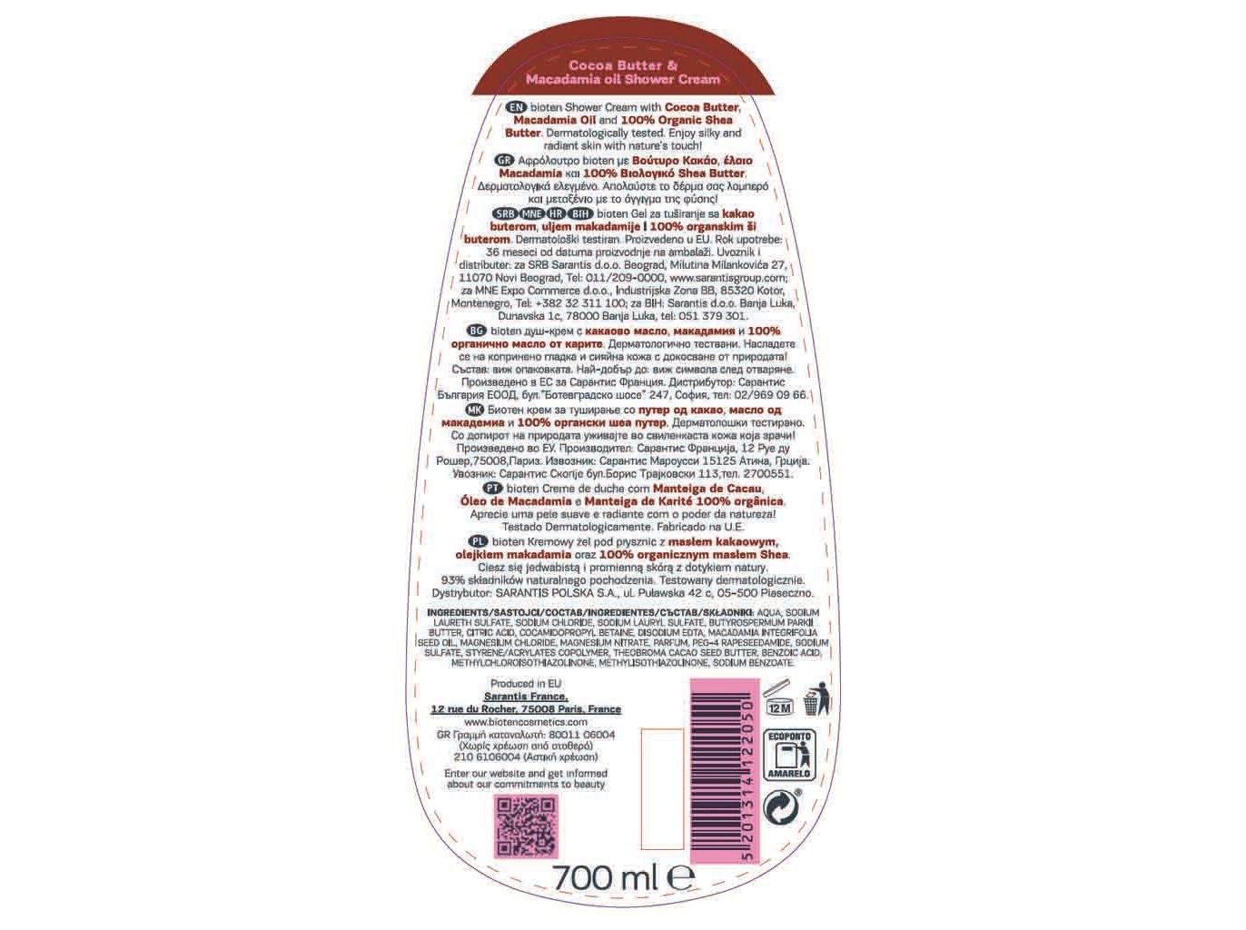 GEL BIOTEN DE BANHO CACAU E MACAD&Acirc;MIA 700ML image number 1