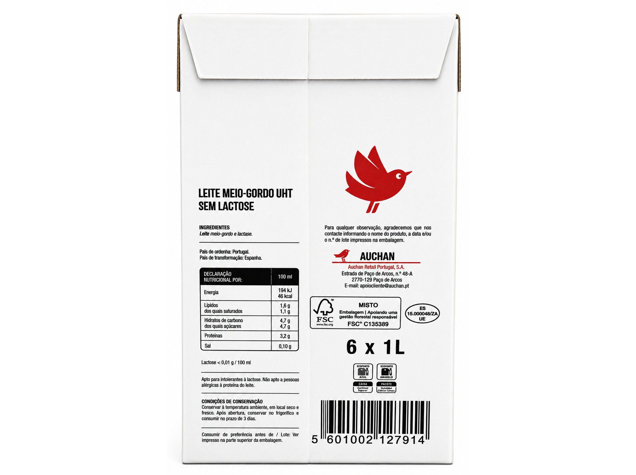 LEITE UHT SEM LACTOSE AUCHAN MAGRO 6X1L image number 1